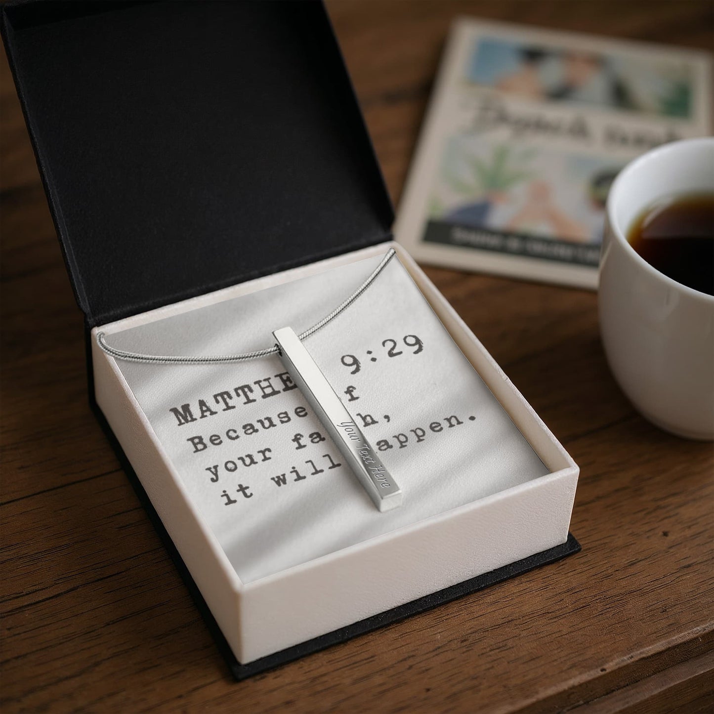 “Because of Your Faith” – Matthew 9:29 Engraved Stick Necklace