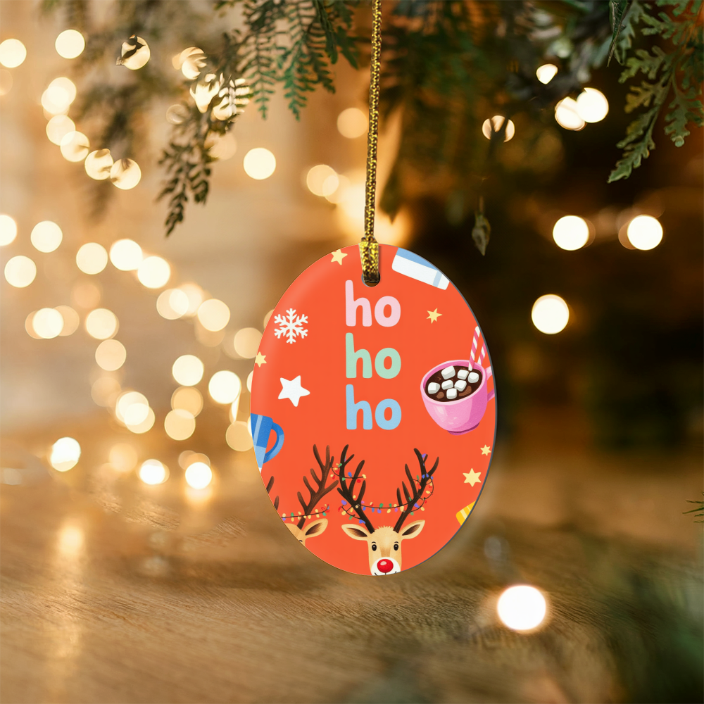 Ho Ho Ho Reindeer Christmas Ornament | Cute Rudolph & Cocoa High Gloss Oval Ornament
