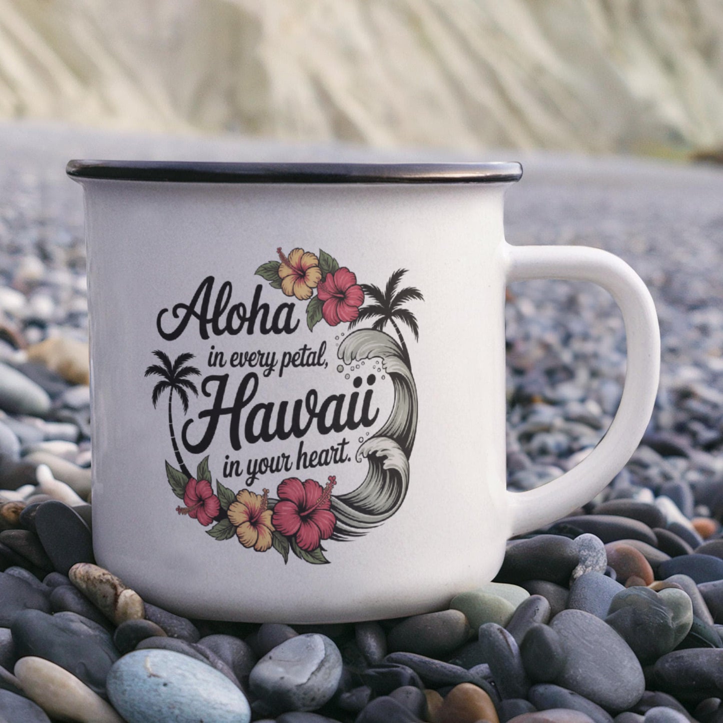 Aloha Hawaii Enamel Camping Mug – 12oz Stainless Steel Adventure Mug with Tropical Hibiscus & Wave Design