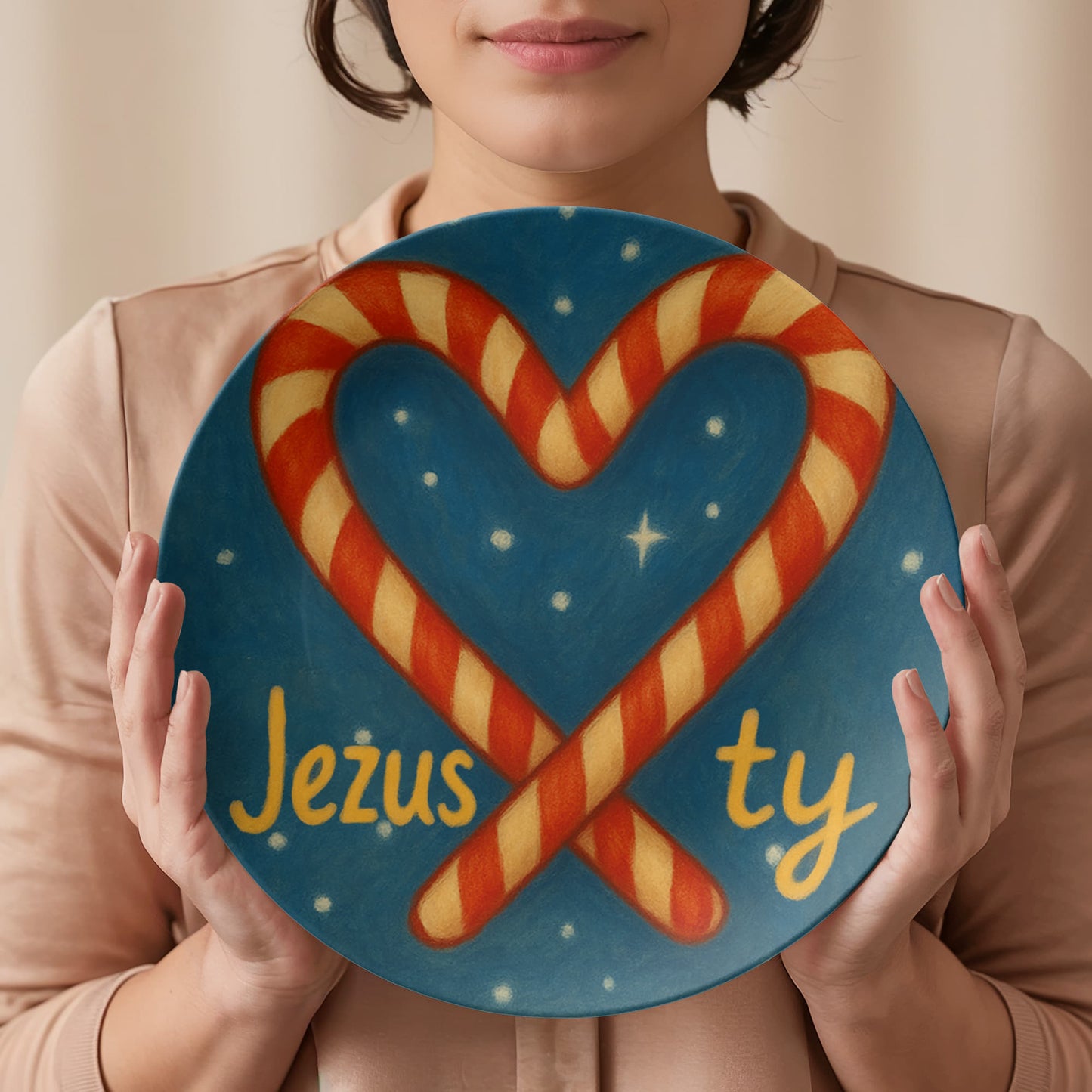 Jezus ♥ Ty: Christmas Plate – Polish Christian Holiday Decor | Candy Cane Heart Nativity-Themed Dinner Plate