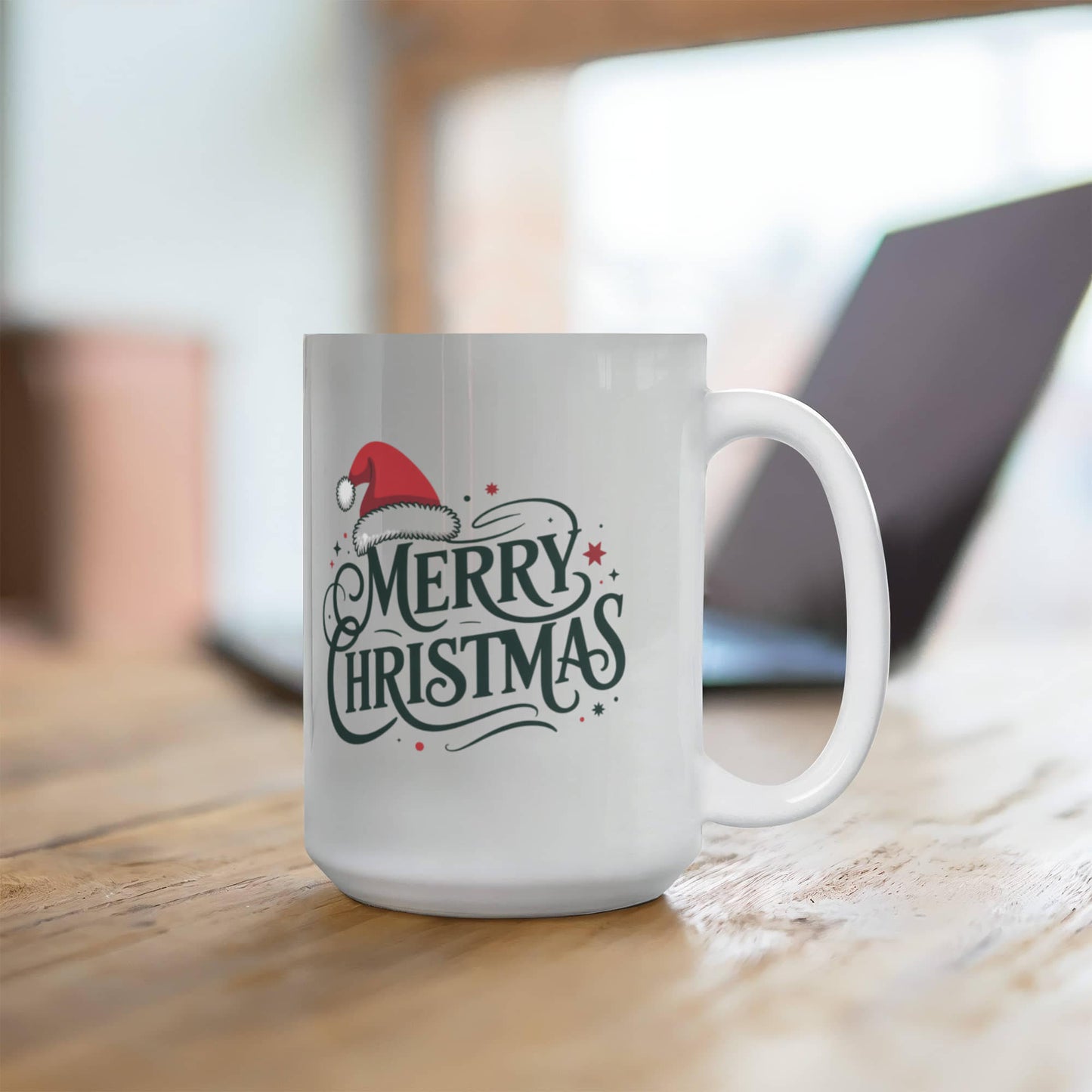 Merry Christmas Color Accent Mug | Festive Holiday Coffee Cup with Santa Hat Design