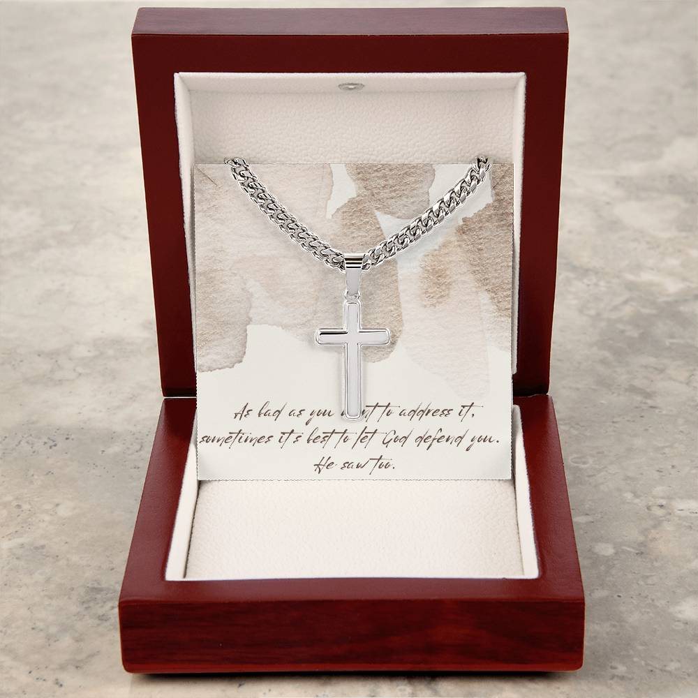 “Let God Defend You” – Artisan Cross Necklace with Cuban Link Chain