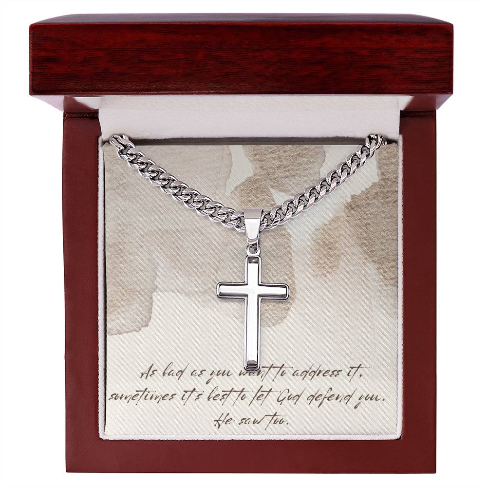“Let God Defend You” – Artisan Cross Necklace with Cuban Link Chain