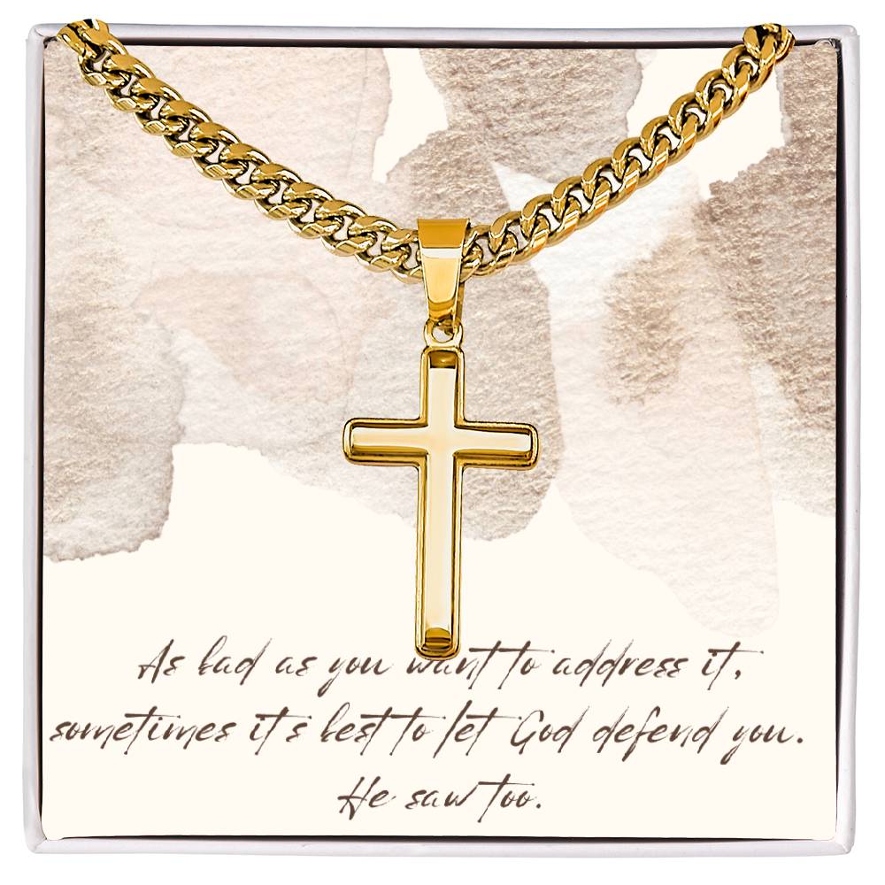 “Let God Defend You” – Artisan Cross Necklace with Cuban Link Chain