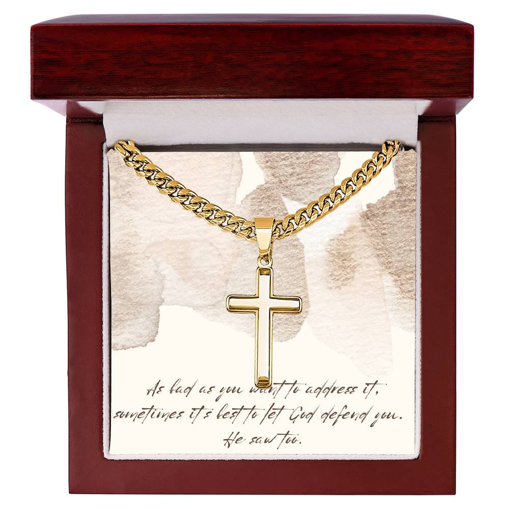 “Let God Defend You” – Artisan Cross Necklace with Cuban Link Chain