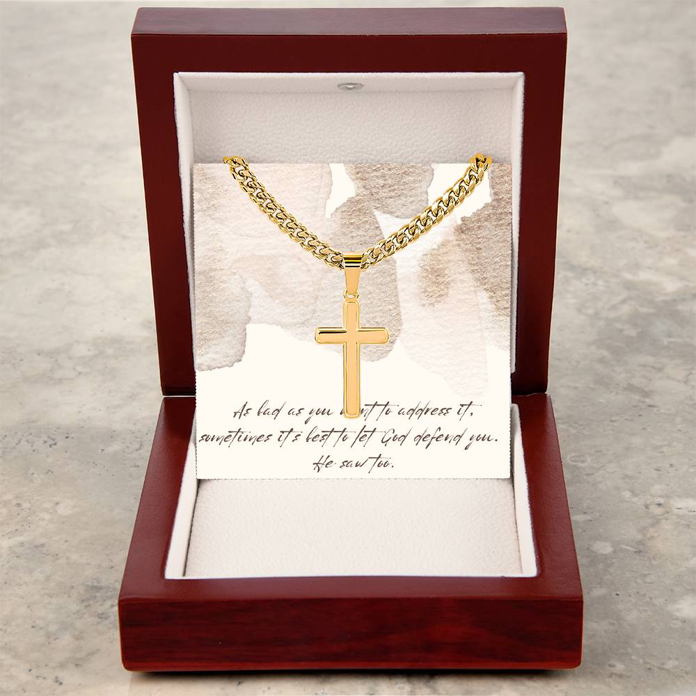 “Let God Defend You” – Artisan Cross Necklace with Cuban Link Chain