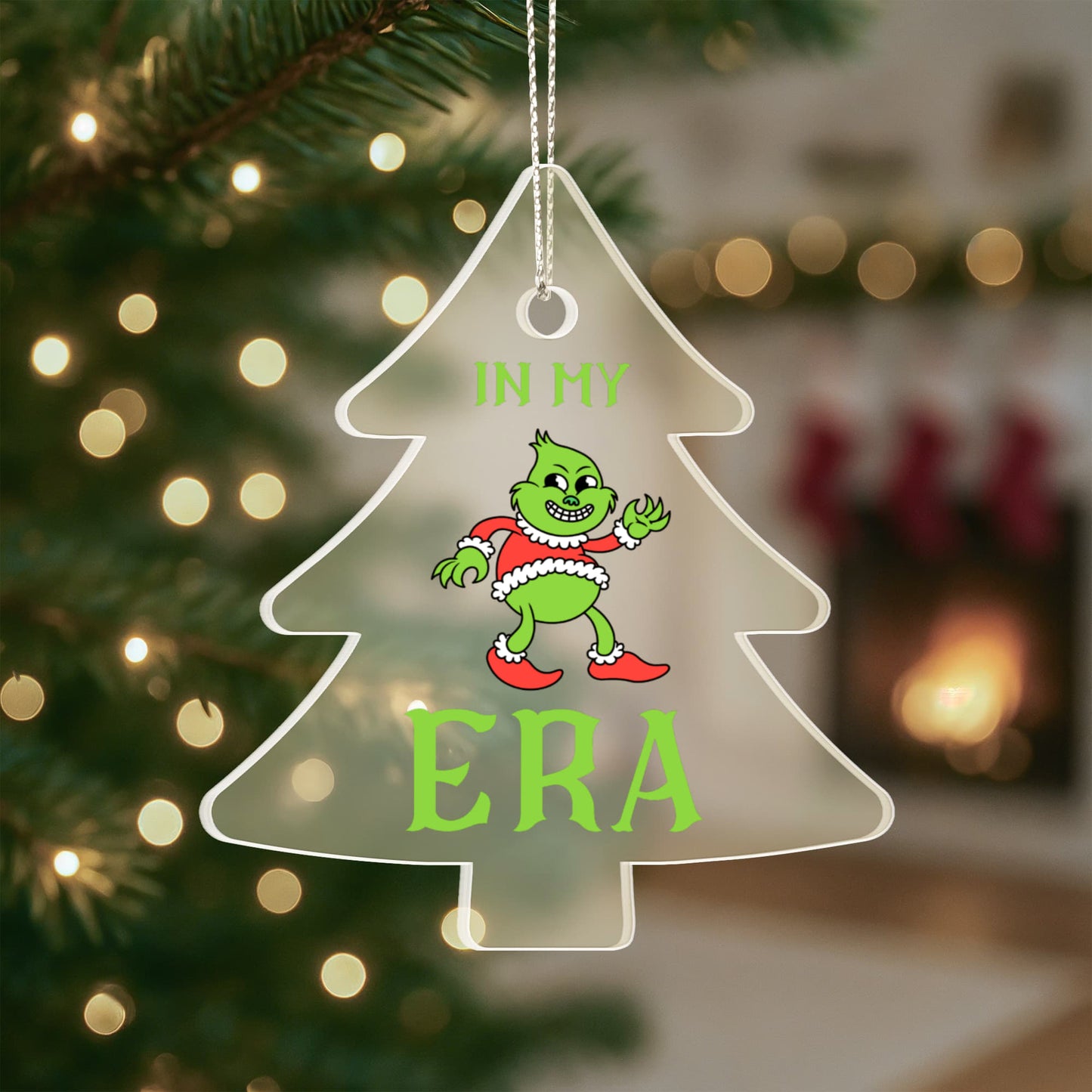 “In My Grinch Era” Funny Green Christmas Character Ornament – Acrylic Tree Decoration