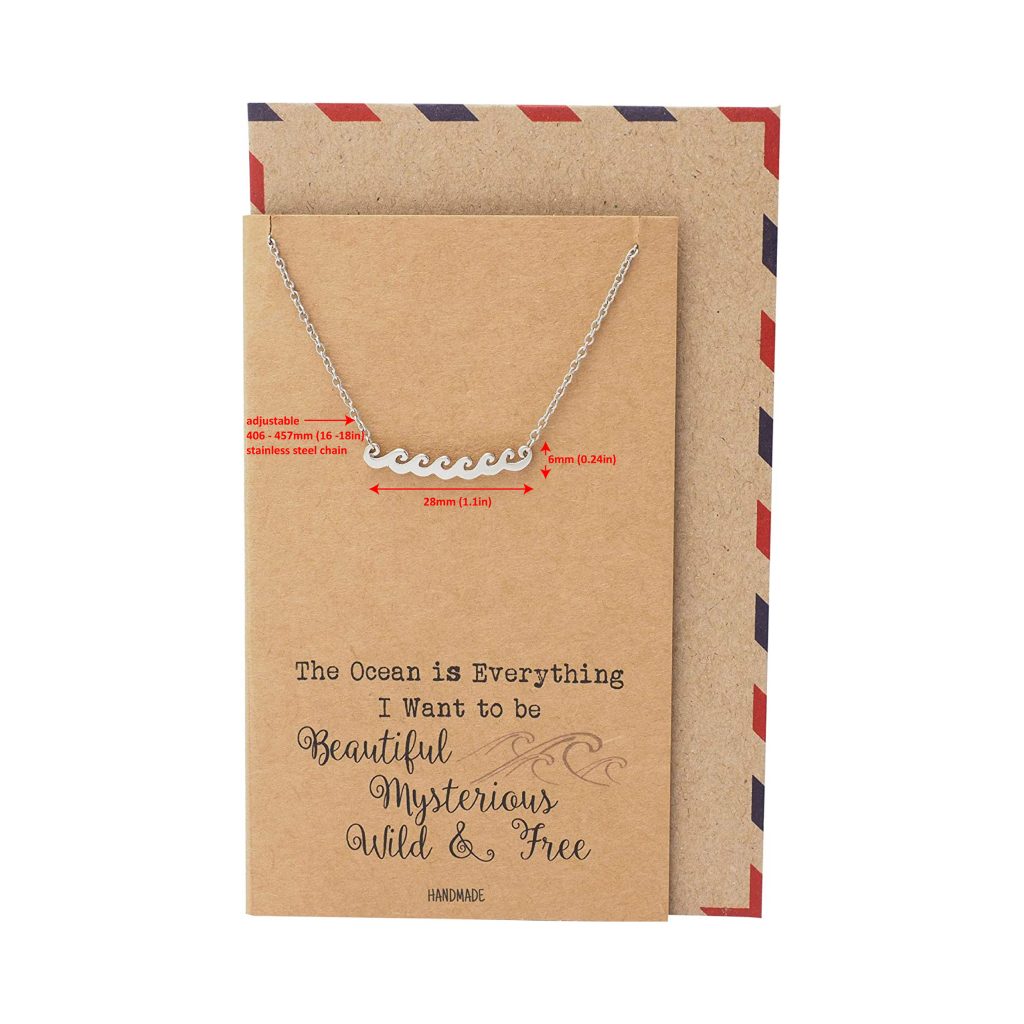 Anya Ocean Necklace Wave Charm Pendant for Women, Inspirational Quote on Greeting Card, Silver Tone
