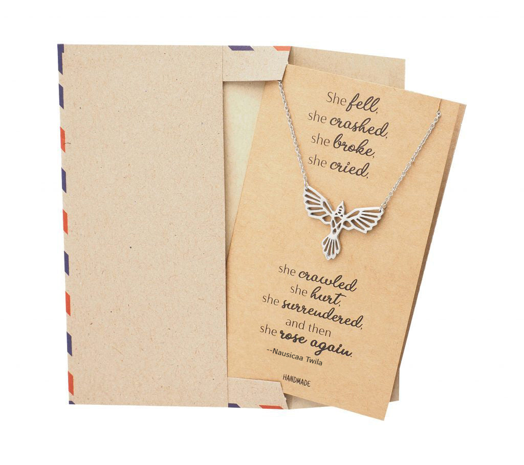 Brinley Phoenix Pendant Women Necklace, Bird Charm with Motivational Quote Card