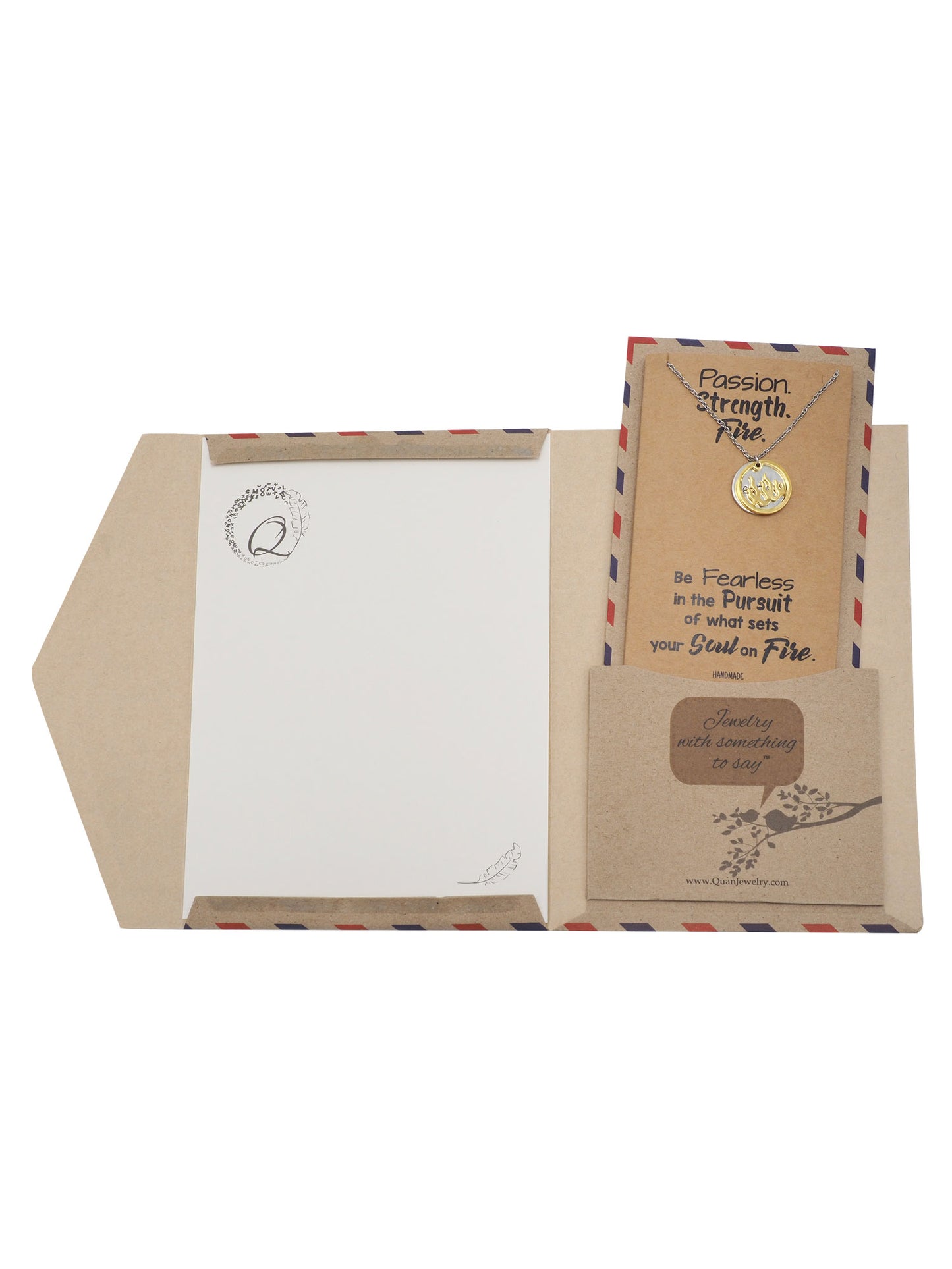 Atara Fire Pendant with Fearless on Plate Charm Necklace Inspirational Quote Greeting Card - Quan Jewelry