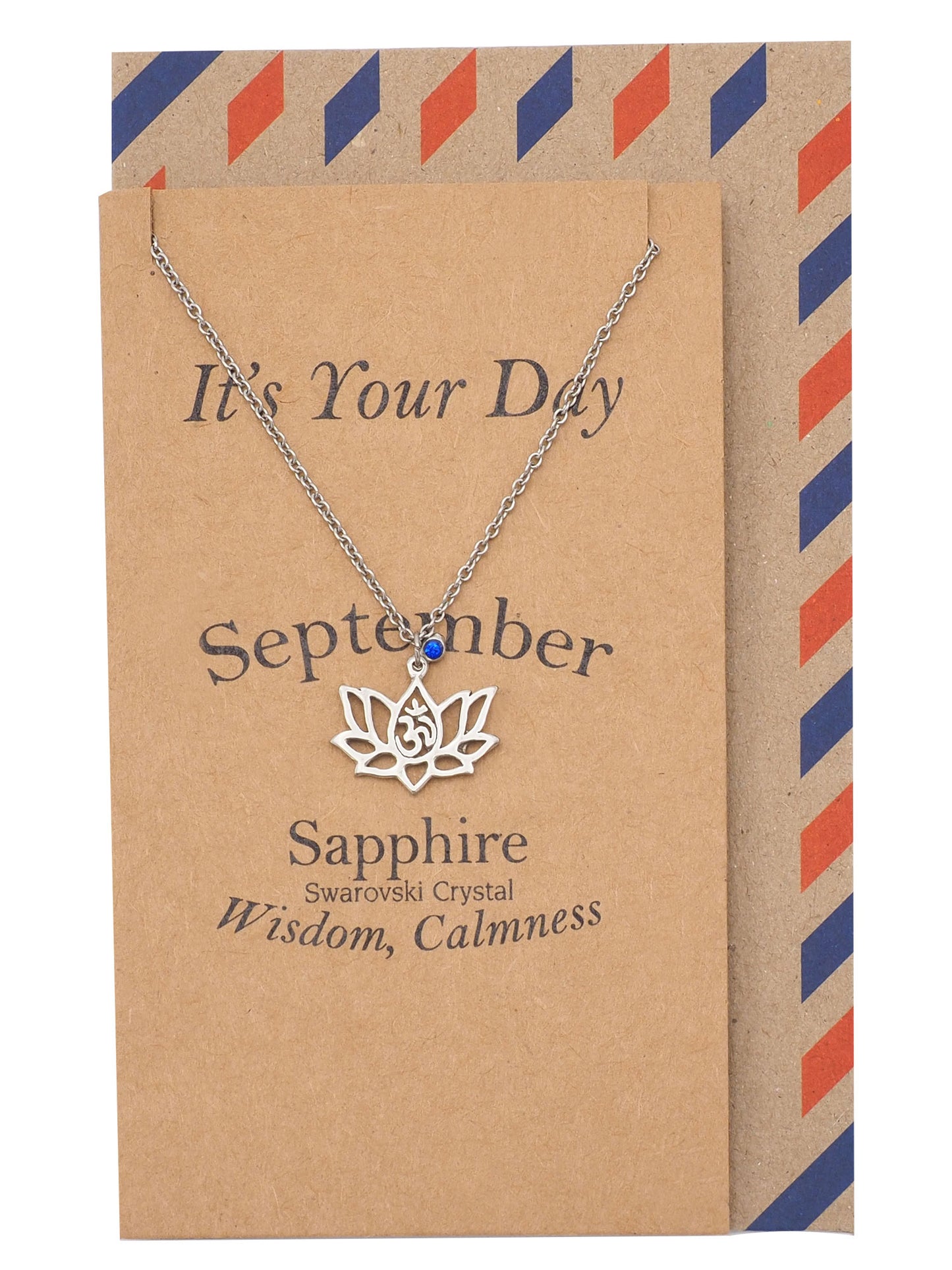 Nancy Lotus Flower Necklace with September Birthstone and OM Symbol Pendant
