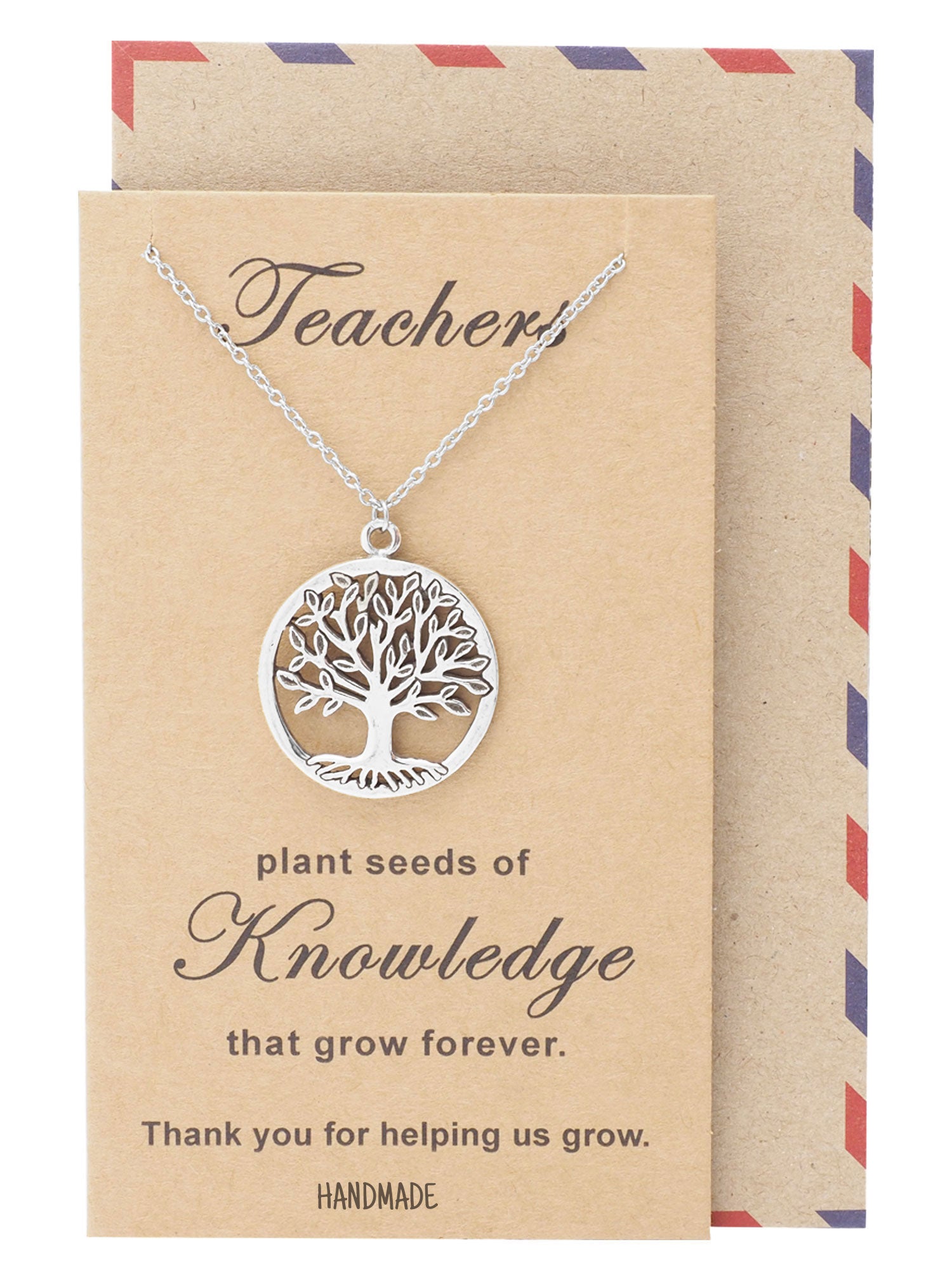 thank you for planting the seeds of knowledge Quan Jewelry Tree of Life Pendant Necklace with Thank You Greeting Card, Teacher's Day Appreciation Gifts