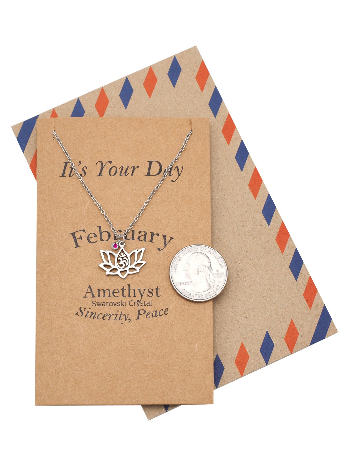 Keisha Birthday Cards Yoga Lotus Flower February Birthstone Necklace with OM Symbol