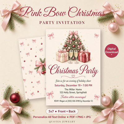 Pink Bow Christmas Party Invitation 5x7 front and back, digital download