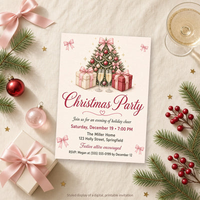 Pink Bow Christmas Party Invitation flat lay with pink bows and pine