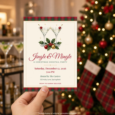 Hand holding the Jingle & Mingle Christmas Party Invitation in front of a Christmas tree