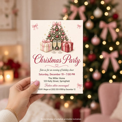 Hand holding the Pink Bow Christmas Party Invitation in front of a Christmas tree