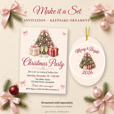 Pink Bow Christmas Party Invitation with the matching Merry and Bright oval keepsake ornament, ornament sold separately