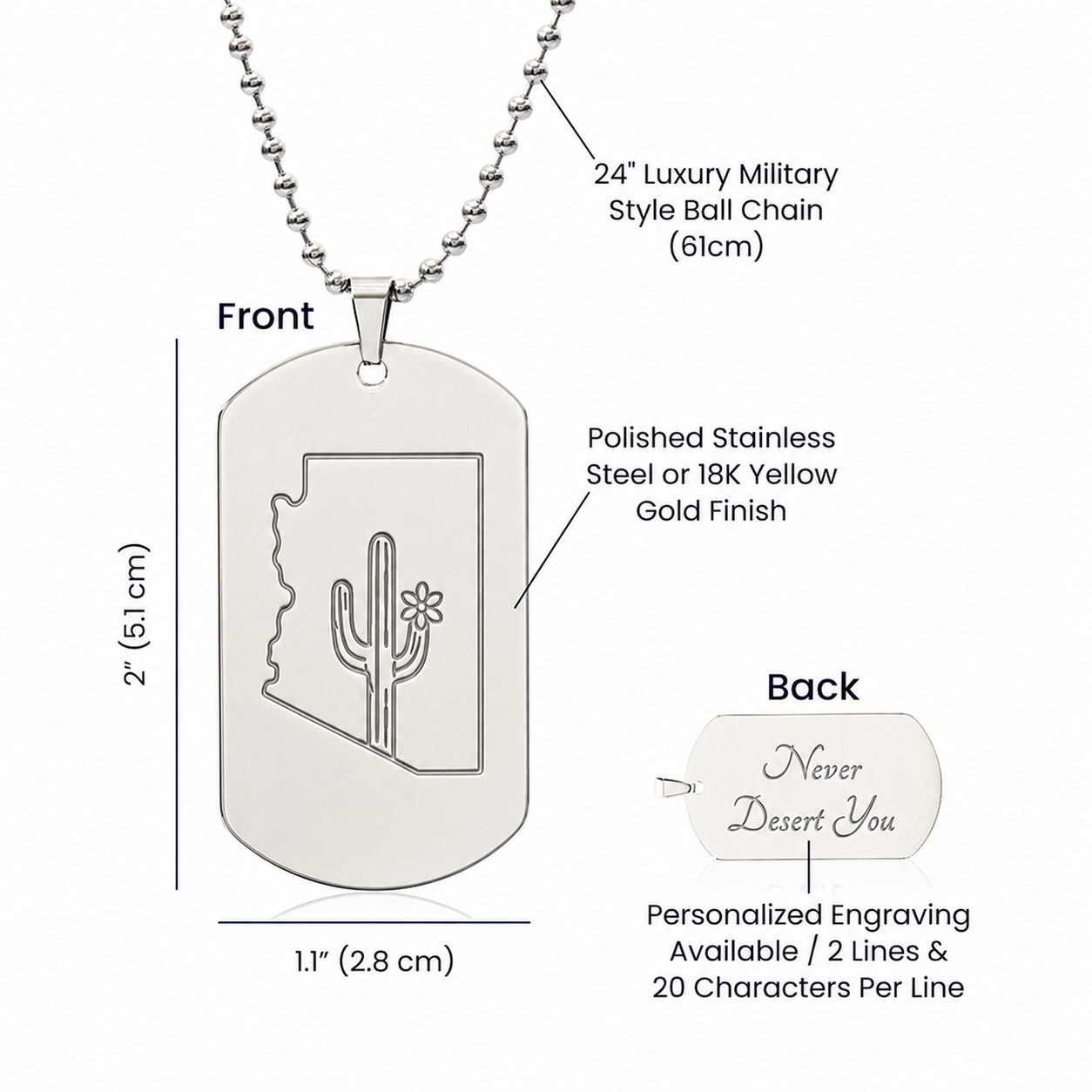 Arizona Dog Tag Necklace | Never Desert You Keepsake Gift