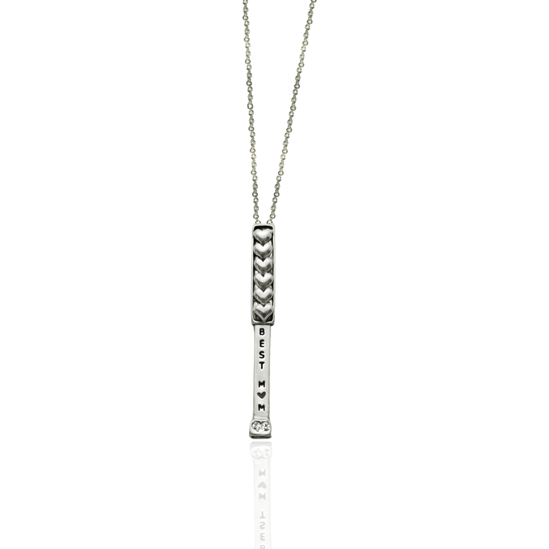 Margaret Best Mom Bond Bar & Hearts Pendant Necklace with Crystal – Handmade Gift of Love, Family & Strength, Gift or Mother, Silver