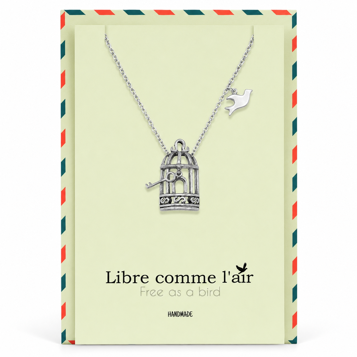 Aya Bird Cage with Key and Bird Charms Necklace, Womens Necklace, Gift for Women