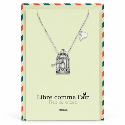 Aya Bird Cage with Key and Bird Charms Necklace, Womens Necklace, Gift for Women