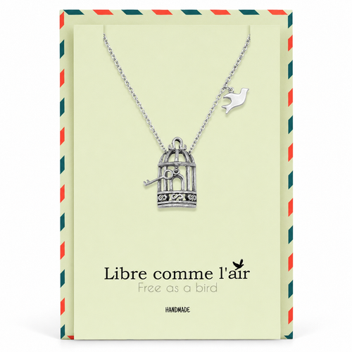 Aya Bird Cage with Key and Bird Charms Necklace, Womens Necklace, Gift for Women