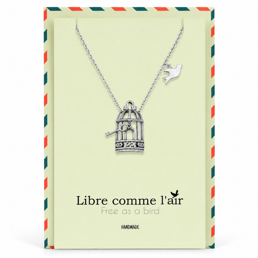 Aya Bird Cage with Key and Bird Charms Necklace, Womens Necklace, Gift for Women