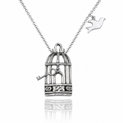 Aya Bird Cage with Key and Bird Charms Necklace, Womens Necklace, Gift for Women