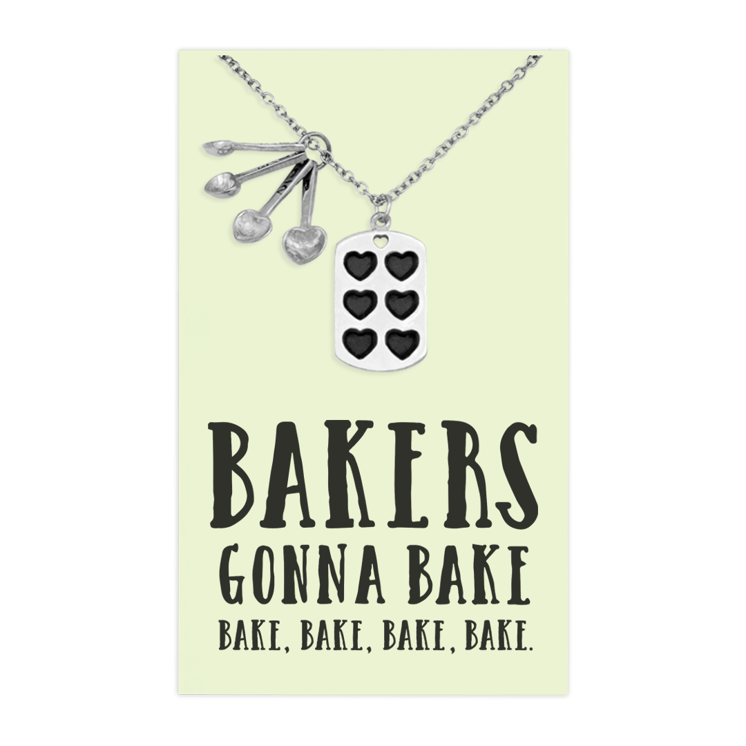 Lovi Measuring Spoons Cupcake Pan Charm Necklace Funny Greeting Card