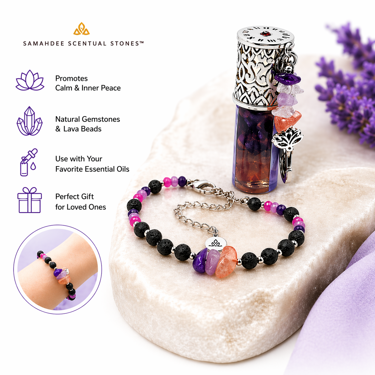 Scentual Stones Collection by Samahdee: Beaded Bracelets with Amethyst, Rose Quartz, Citrine & Organic Essential Oils for Tranquility, Love, and Prosperity - Aromatherapy Diffuser Jewelry for Men & Women