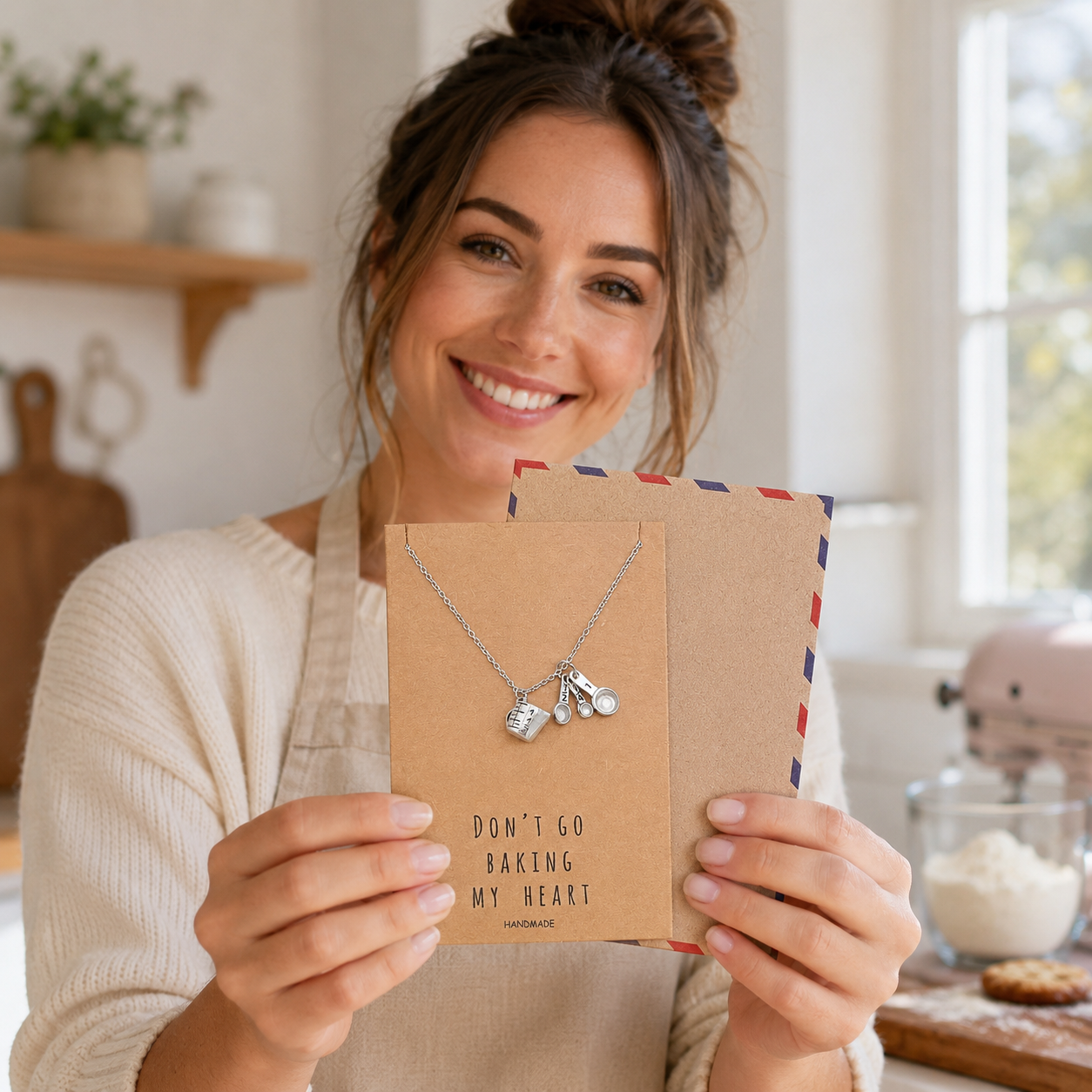 Carmel Gifts for Mom Bakers Kitchen Charm Necklace Funny Greeting Card