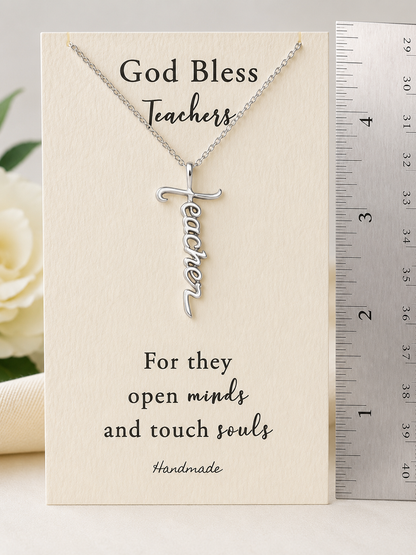 Joyfulle Aaron Teacher Script Pendant Cross Necklace, Handmade Gifts for Teachers with Inspirational Quotes on Greeting Card, Rhodium Plated