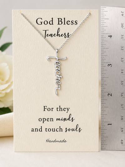 Joyfulle Aaron Teacher Script Pendant Cross Necklace, Handmade Gifts for Teachers with Inspirational Quotes on Greeting Card, Rhodium Plated