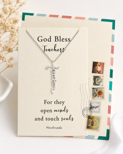 Joyfulle Aaron Teacher Script Pendant Cross Necklace, Handmade Gifts for Teachers with Inspirational Quotes on Greeting Card, Rhodium Plated