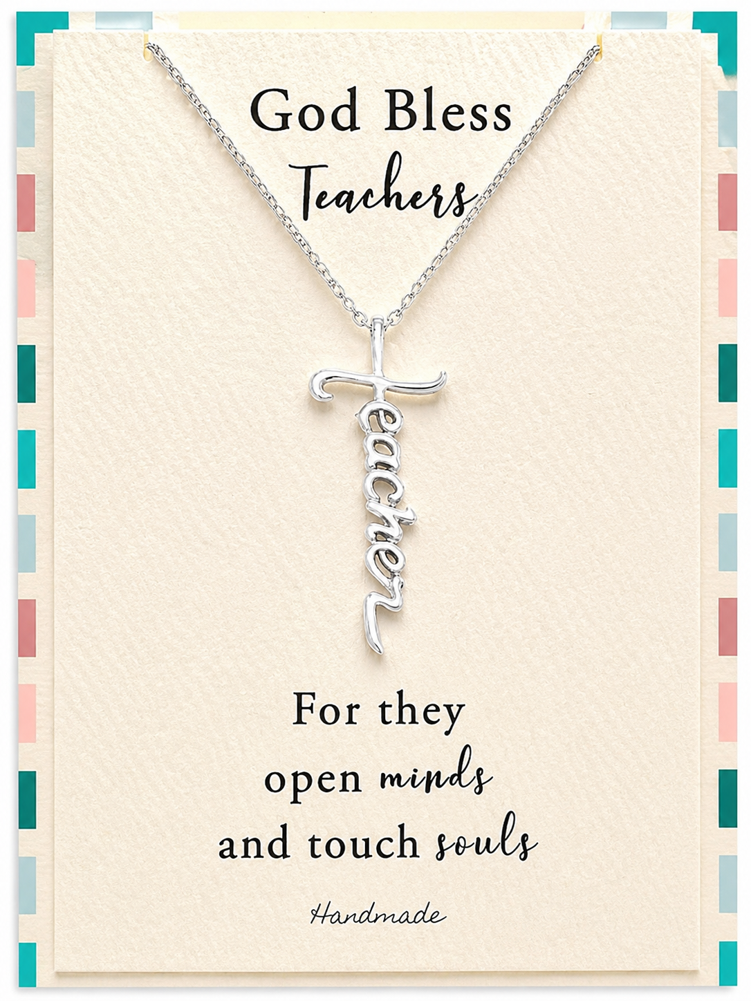 Joyfulle Aaron Teacher Script Pendant Cross Necklace, Handmade Gifts for Teachers with Inspirational Quotes on Greeting Card, Rhodium Plated