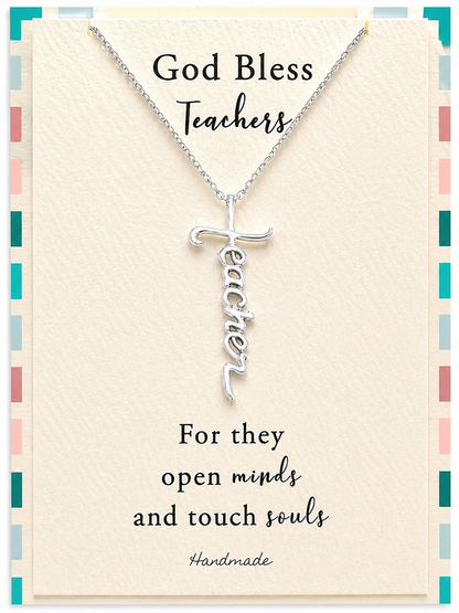 Joyfulle Aaron Teacher Script Pendant Cross Necklace, Handmade Gifts for Teachers with Inspirational Quotes on Greeting Card, Rhodium Plated