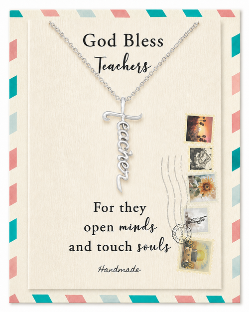 Joyfulle Aaron Teacher Script Pendant Cross Necklace, Handmade Gifts for Teachers with Inspirational Quotes on Greeting Card, Rhodium Plated