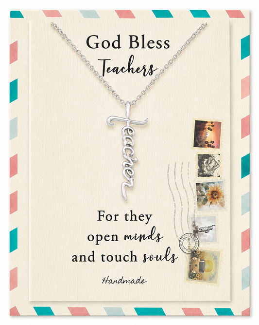 Joyfulle Aaron Teacher Script Pendant Cross Necklace, Handmade Gifts for Teachers with Inspirational Quotes on Greeting Card, Rhodium Plated