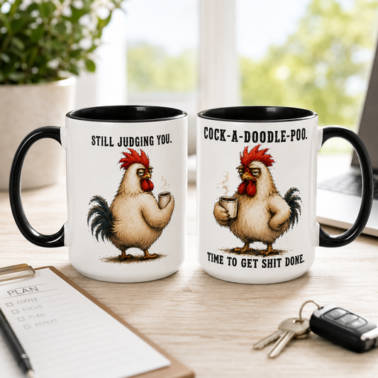 Cock-A-Doodle-Poo Funny Rooster Mug, 15 oz Color Accent Coffee Cup | Quinnlyn & Co.