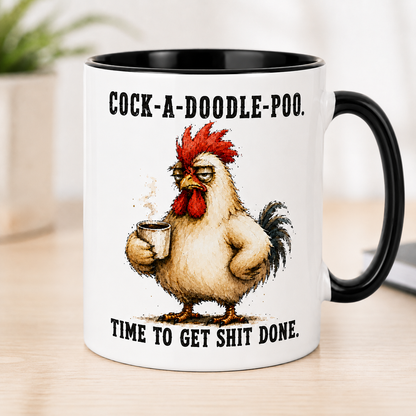 Cock-A-Doodle-Poo Funny Rooster Mug, 15 oz Color Accent Coffee Cup | Quinnlyn & Co.