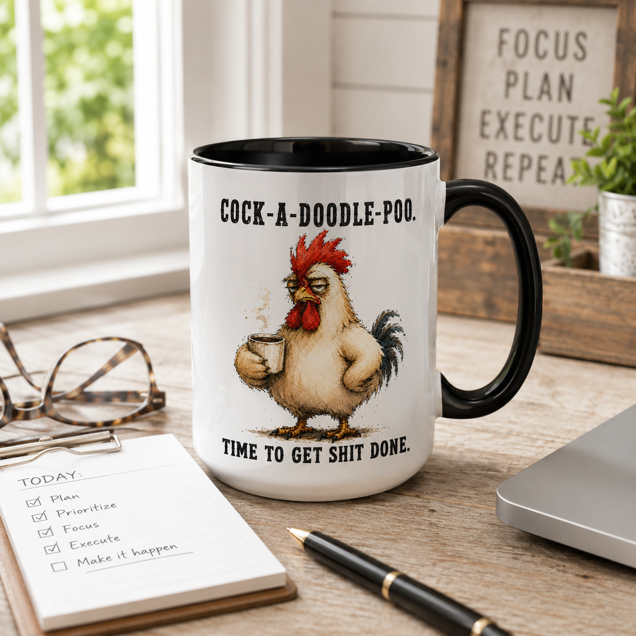 Cock-A-Doodle-Poo Funny Rooster Mug, 15 oz Color Accent Coffee Cup | Quinnlyn & Co.