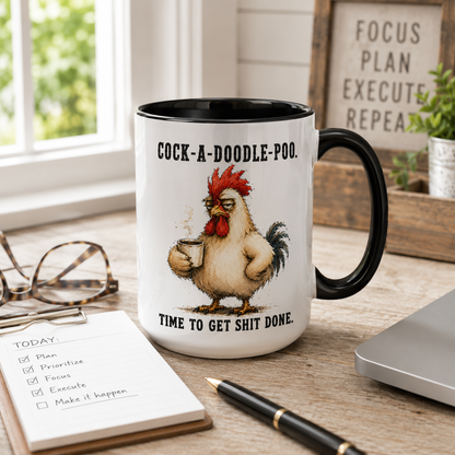 Cock-A-Doodle-Poo Funny Rooster Mug, 15 oz Color Accent Coffee Cup | Quinnlyn & Co.