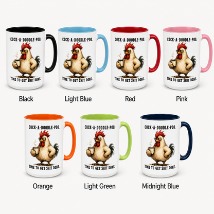 Cock-A-Doodle-Poo Funny Rooster Mug, 15 oz Color Accent Coffee Cup | Quinnlyn & Co.