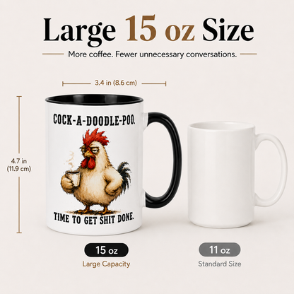 Cock-A-Doodle-Poo Funny Rooster Mug, 15 oz Color Accent Coffee Cup | Quinnlyn & Co.