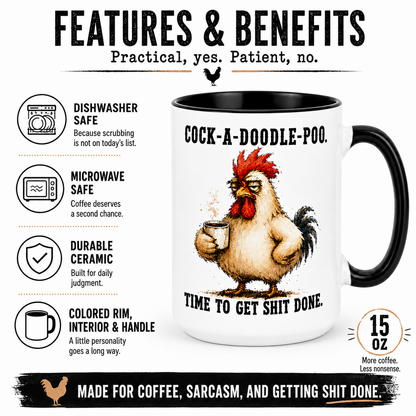 Cock-A-Doodle-Poo Funny Rooster Mug, 15 oz Color Accent Coffee Cup | Quinnlyn & Co.