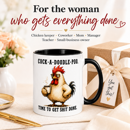Cock-A-Doodle-Poo Funny Rooster Mug, 15 oz Color Accent Coffee Cup | Quinnlyn & Co.