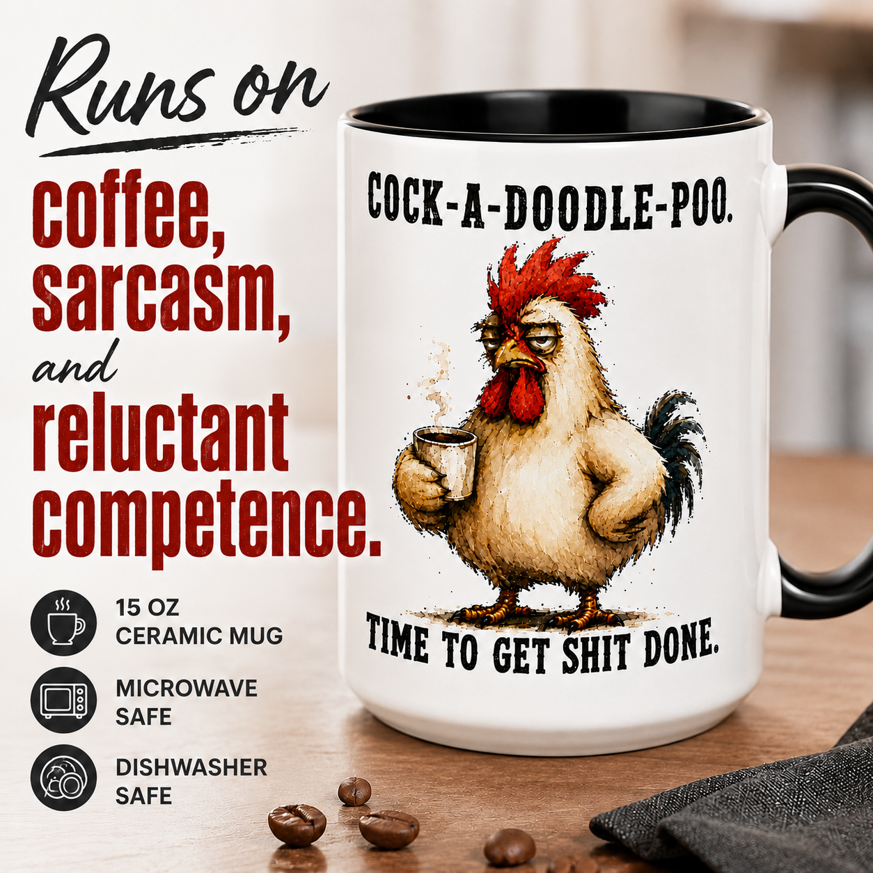 Cock-A-Doodle-Poo Funny Rooster Mug, 15 oz Color Accent Coffee Cup | Quinnlyn & Co.