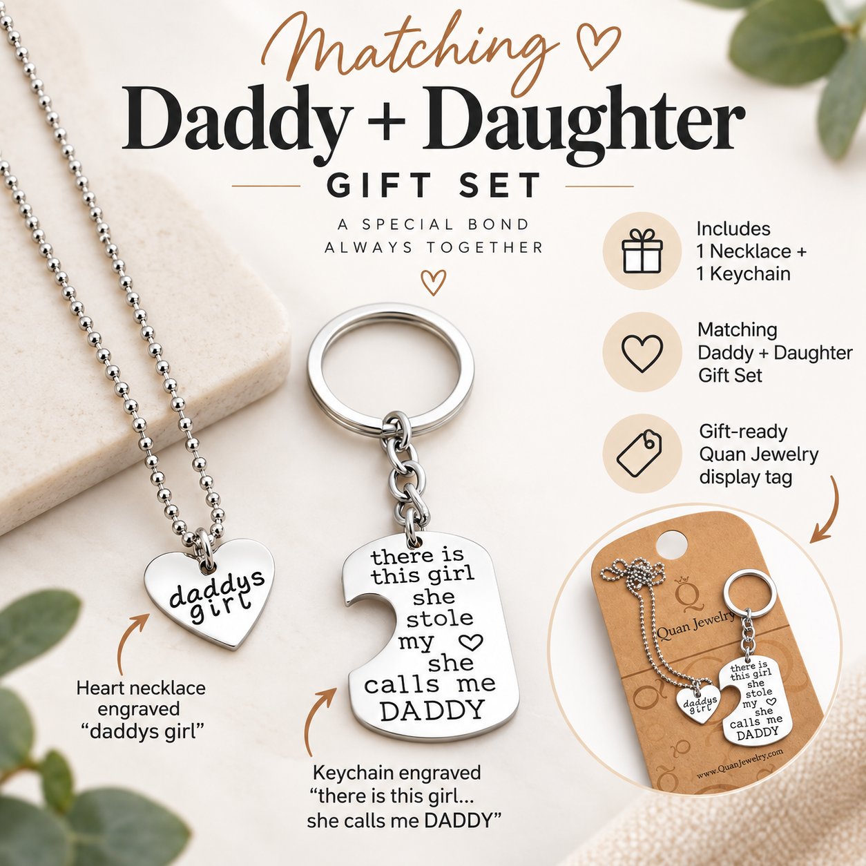 Dominic Father Daughter Personalized Keychain & Heart Necklace