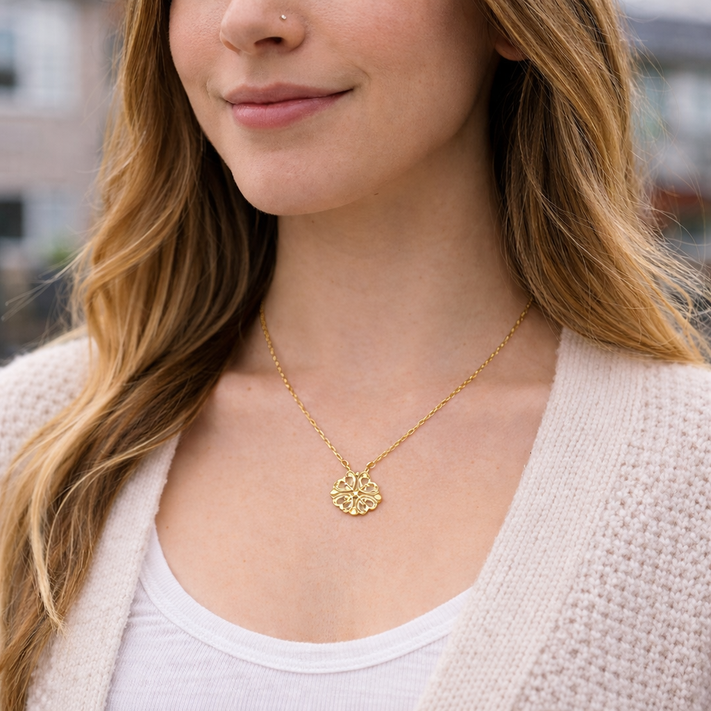 Gigi Love 4-Leaf Clover with Swarovski Pendant Necklace with Mother and Daughter Quotes on Thank You Card, Gifts for Girls, BFF, Women, Gold Plated